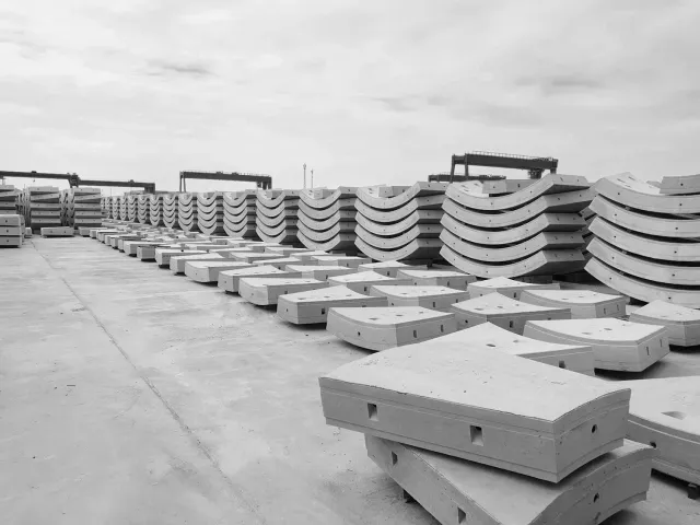 A precast storage yard with stacked curved tunnel segments and flat elements, gantry cranes on the horizon