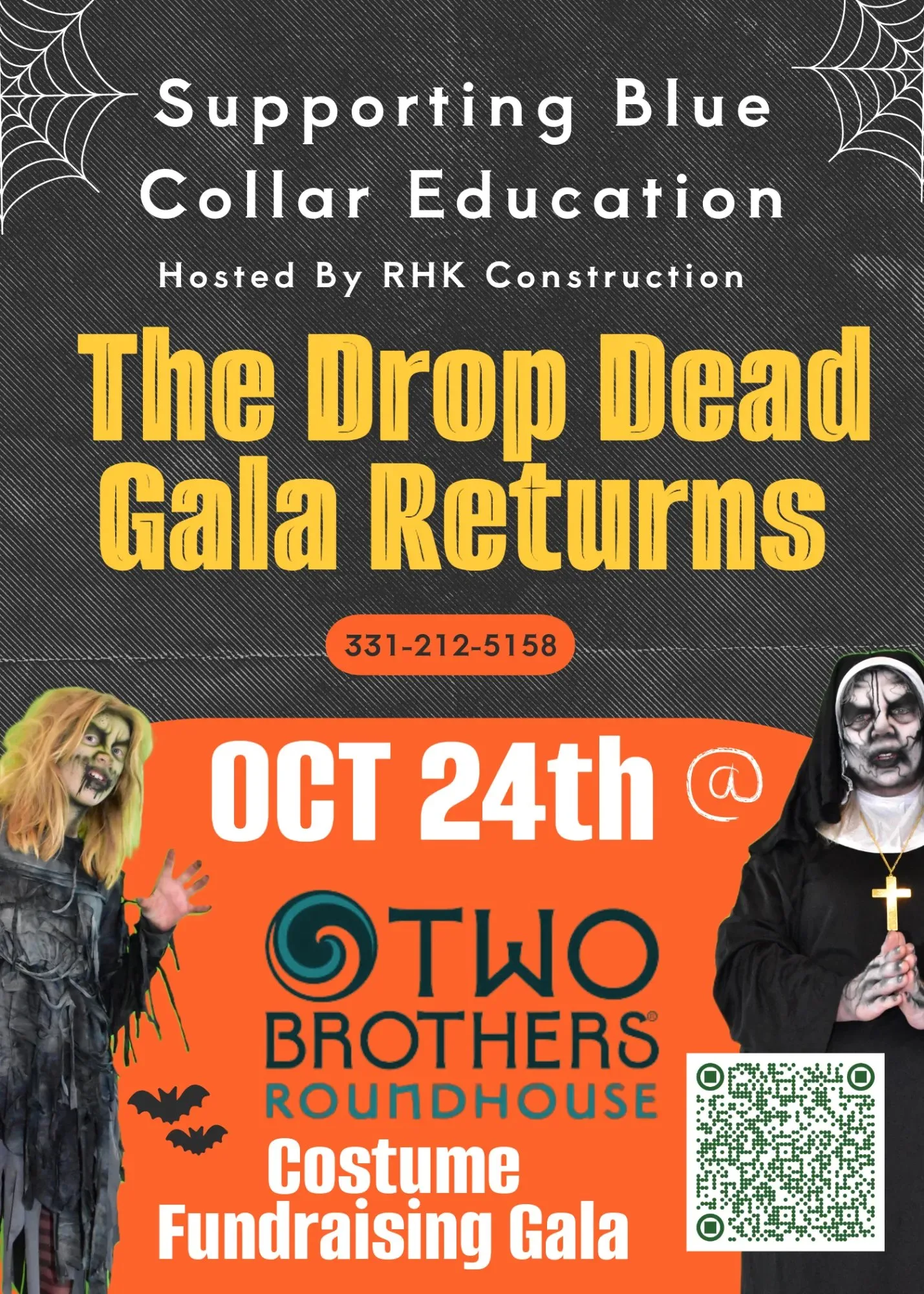 The Drop Dead Gala Returns flyer: Supporting Blue Collar Education, hosted by RHK Construction, October 24 at Two Brothers Roundhouse, a costume fundraising gala