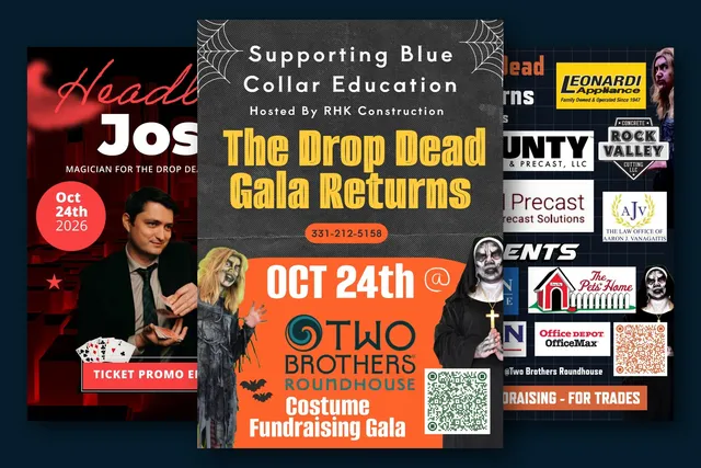 Three event flyers for The Drop Dead Gala Returns: the main flyer with the October 24 date at Two Brothers Roundhouse, a flyer for magician Josh Weidner, and a flyer of starting sponsors