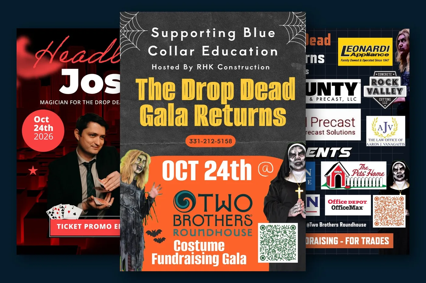 Three event flyers for The Drop Dead Gala Returns: the main flyer with the October 24 date at Two Brothers Roundhouse, a flyer for magician Josh Weidner, and a flyer of starting sponsors