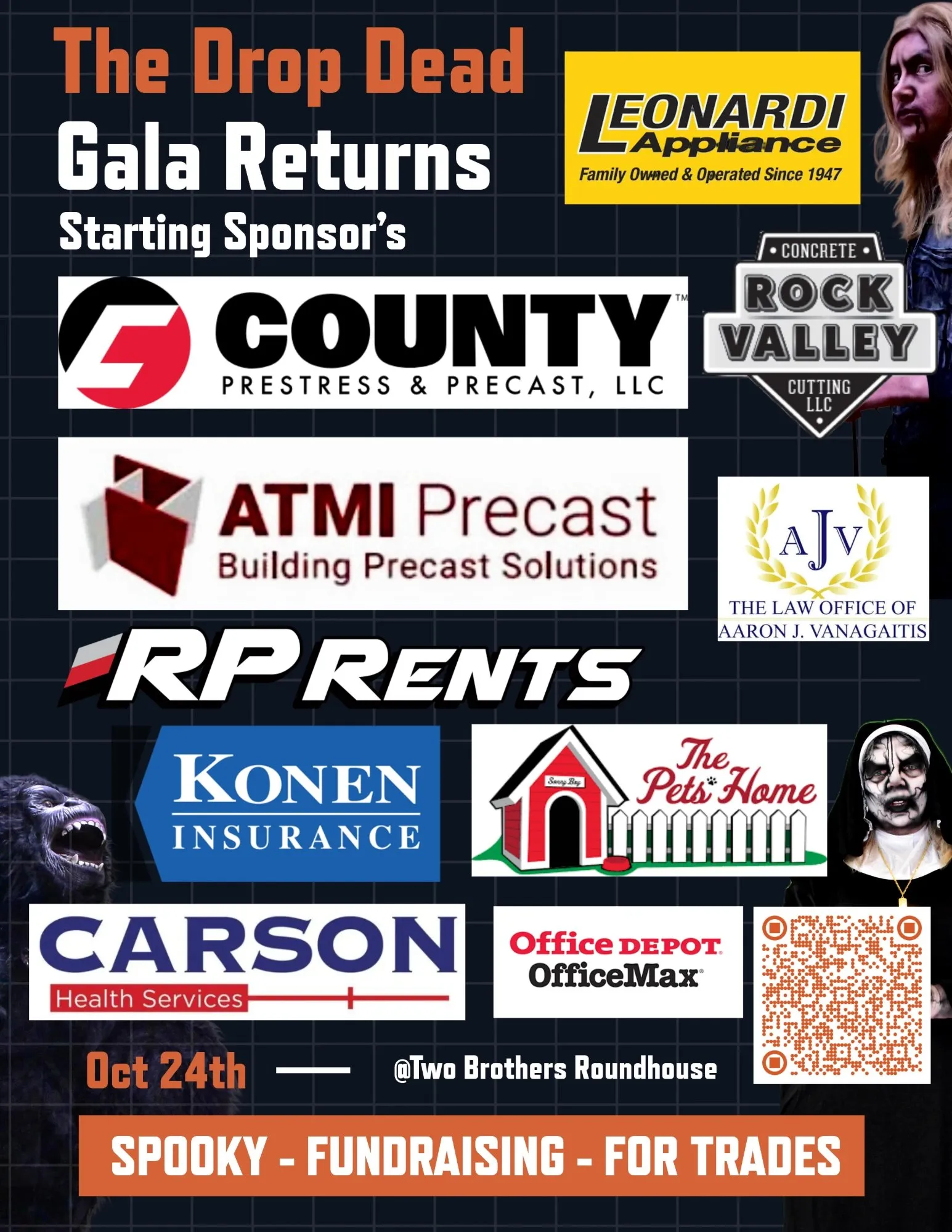 Starting sponsors of the Drop Dead Gala, including County Prestress & Precast and ATMI Precast, October 24 at Two Brothers Roundhouse
