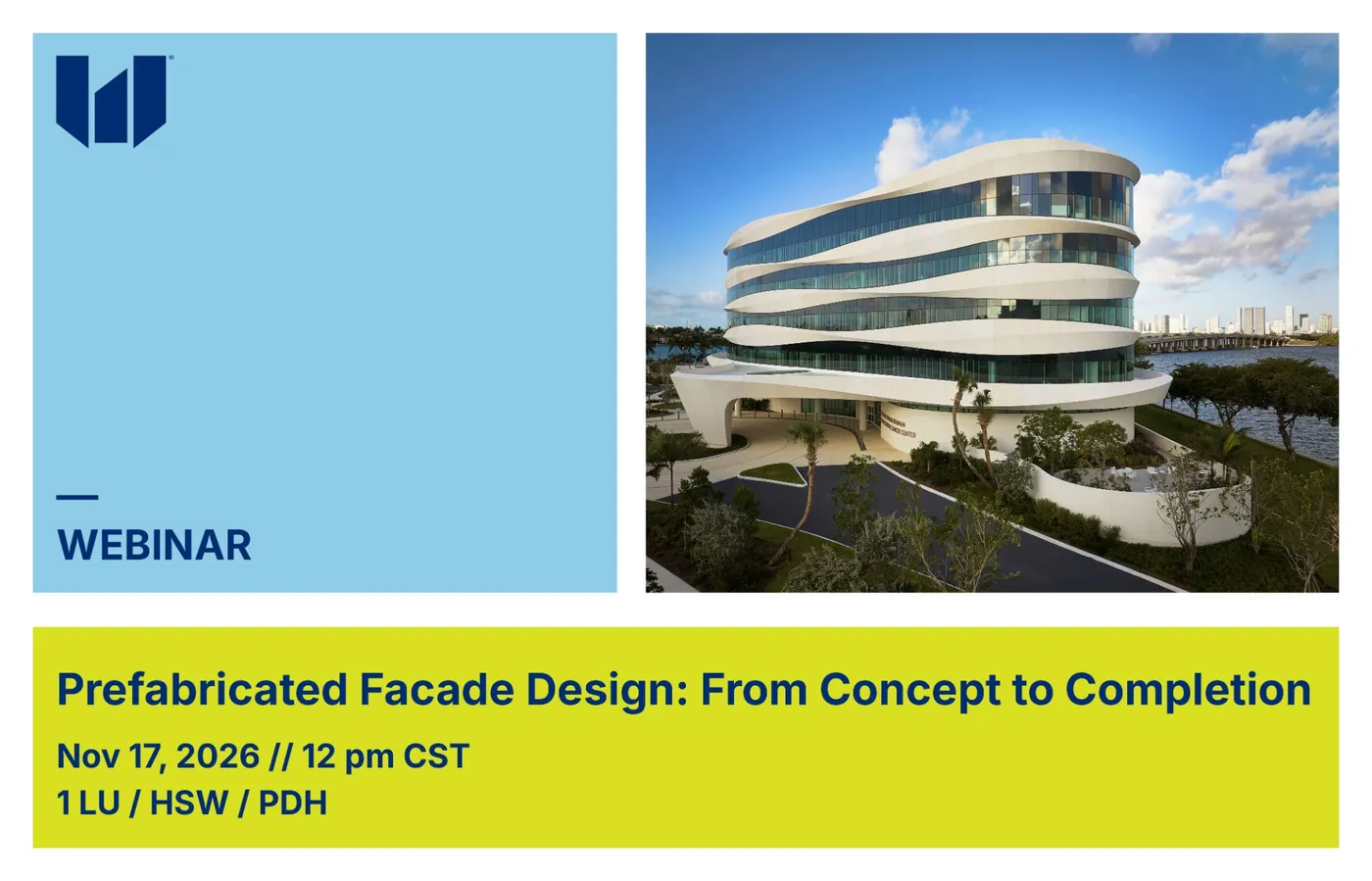 Webinar graphic for Prefabricated Facade Design: From Concept to Completion, November 17, 2026, with a five-story building wrapped in curving white precast concrete bands beside a bay