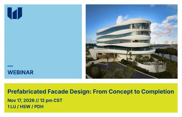 Webinar graphic for Prefabricated Facade Design: From Concept to Completion, November 17, 2026, with a five-story building wrapped in curving white precast concrete bands beside a bay