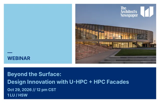 Webinar graphic for Beyond the Surface: Design Innovation with U-HPC and HPC Facades, October 29, 2026, with a curved building with a precast concrete facade lit at dusk